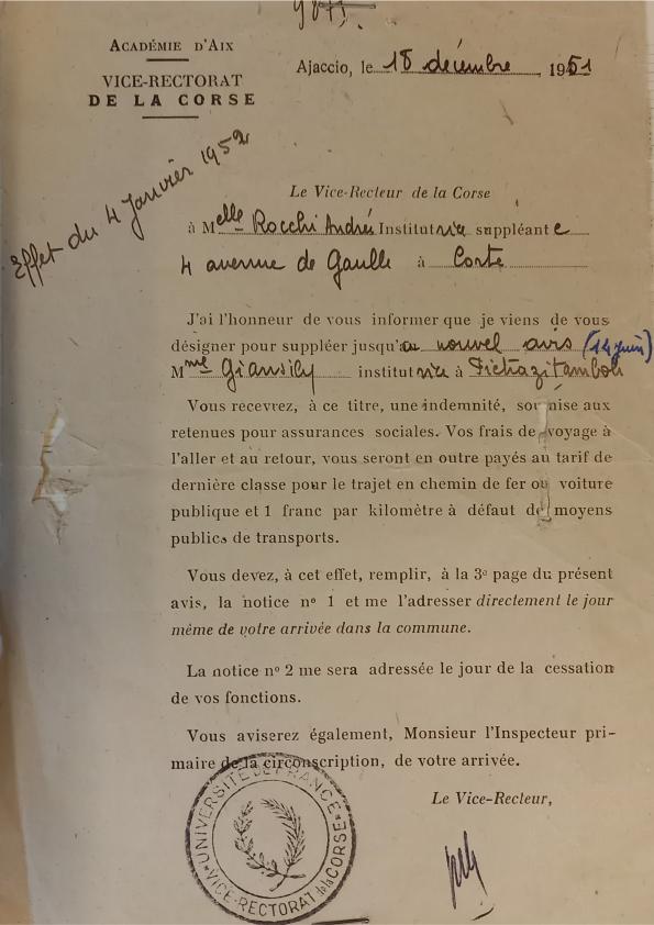 >Avis de suppléance de poste transmis à Andrée Parigi (1951)