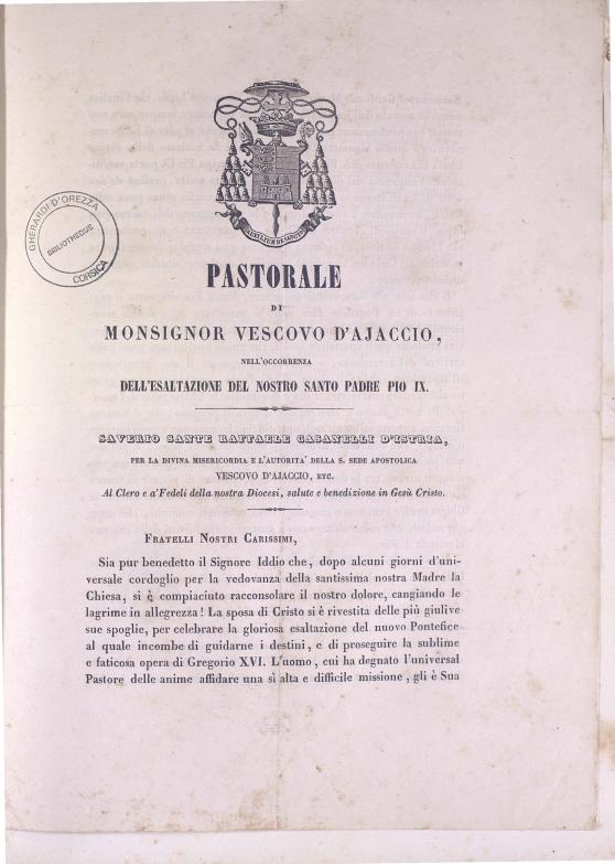 >Pastorale di Monsignor Vescovo d'Ajaccio, nell'occorenza dell'esaltazione del nostro Santo Padre Pio IX (1846)