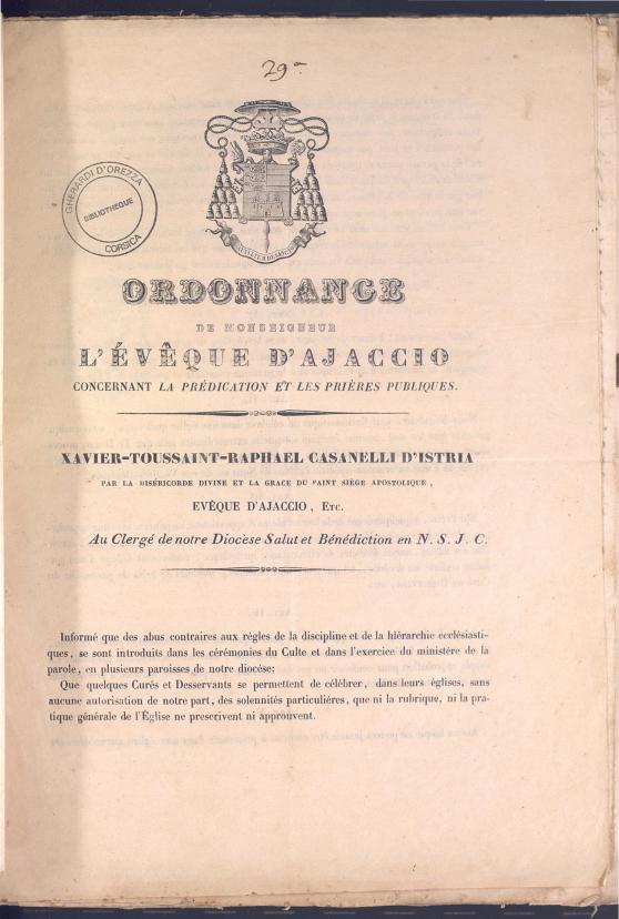 >Ordonnance de Monseigneur l'évêque d'Ajaccio concernant la prédication et les prières publiques (1837)