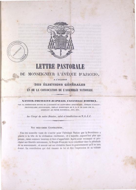 >Lettre pastorale de Monseigneur l'évêque d'Ajaccio, à l'occasion des élections générales et de la convocation de l'assemblée nationale (1848)