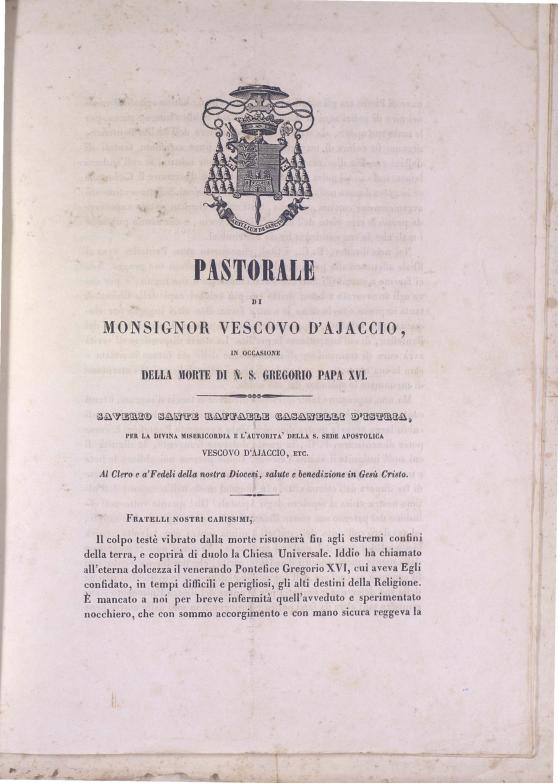 >Pastorale di Monsignor Vescovo d'Ajaccio, in occasione della morte di N. S. Gregorio Papa XVI (1846)