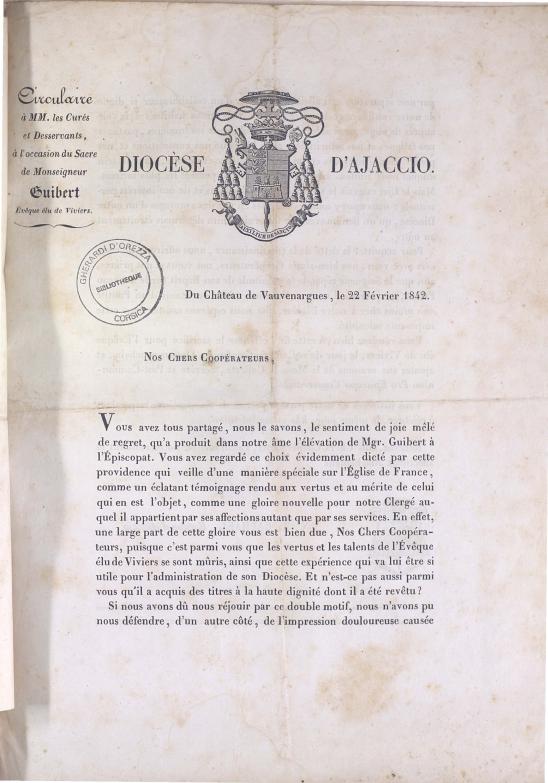 >Circulaire à MM. Les Curés et Desservants, à l'occasion du Sacre de Monseigneur Guibert Evêque élu de Viviers (1842)