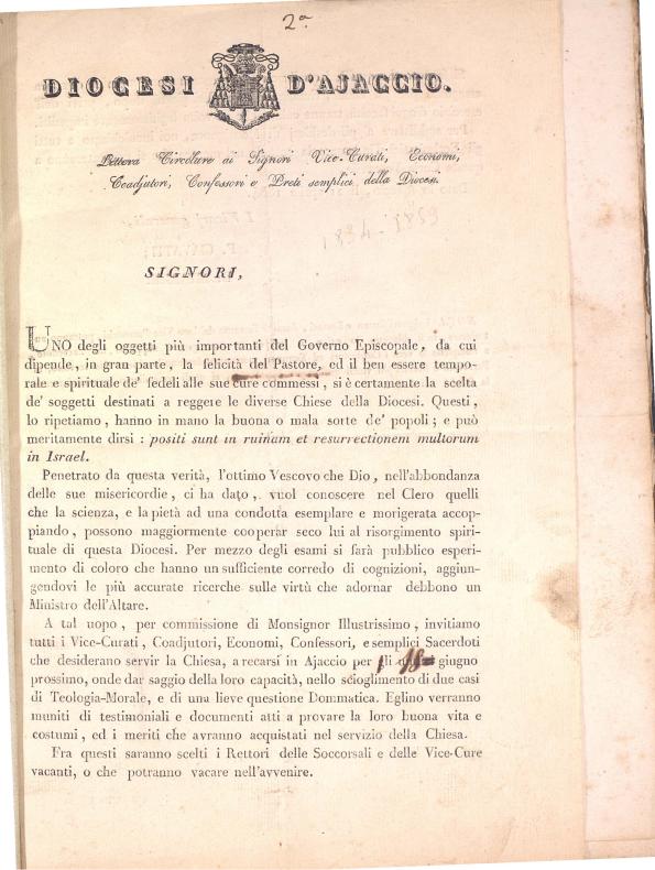 >Lettera circolare ai signori vice curati, economi, coadjutori, confessori e preti semplici della Diocesi (1834)