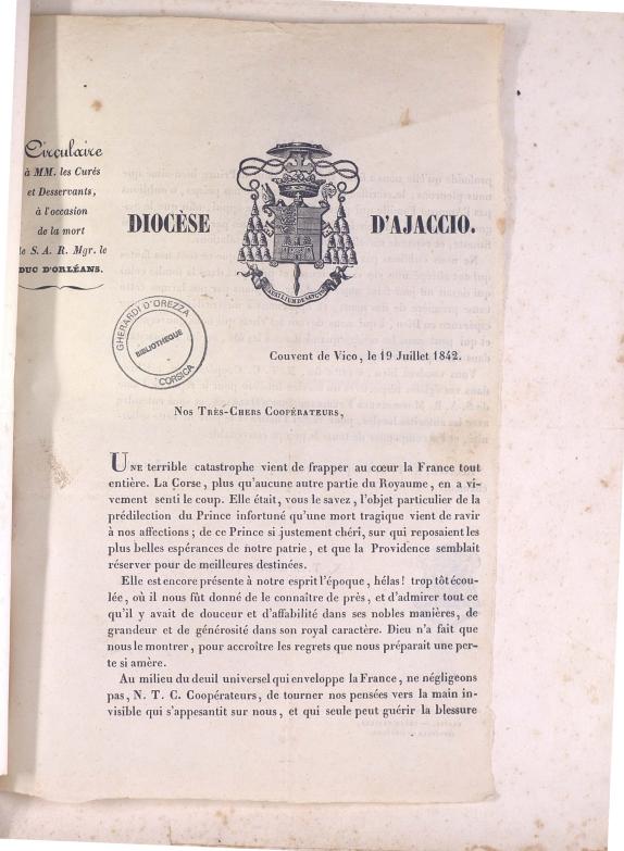 >Circulaire à MM. Les Curés et Desservants, à l'occasion de la mort le S. A. R. Mgr. Le Duc d'Orléans (1842)