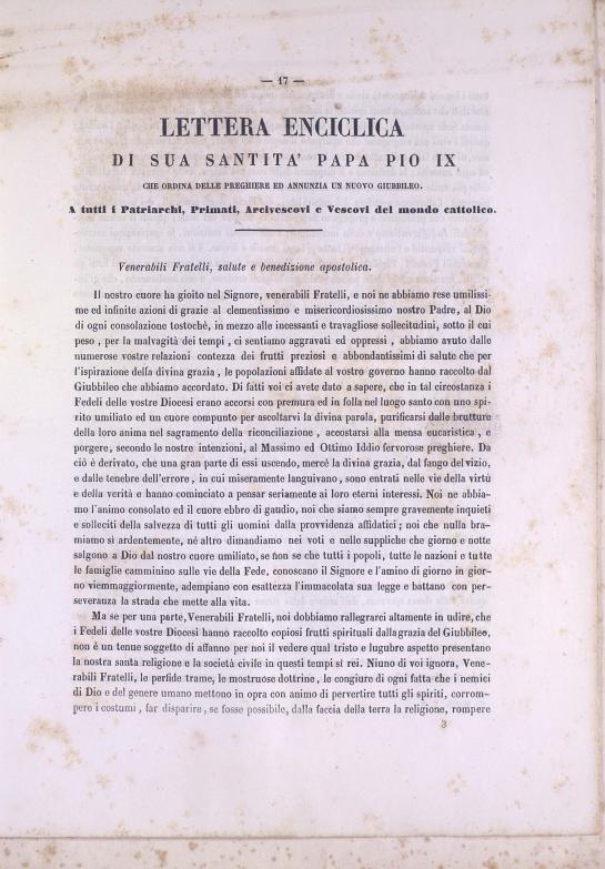 >Lettera enciclica di sua Santita' Papa Pio IX che ordina delle preghiere ed annunzia un nuovo giubbileo (1851)