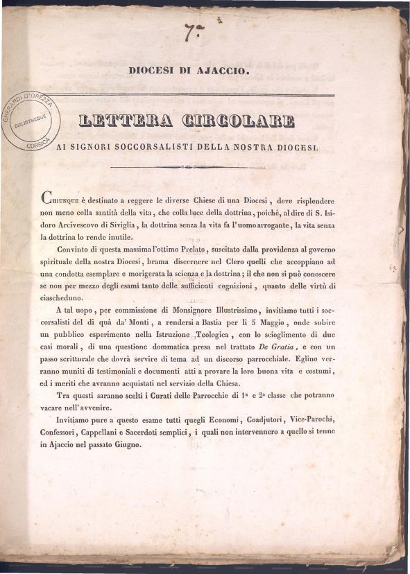 >Lettera circolare ai signori soccorsalisti della nostra diocesi (1835)