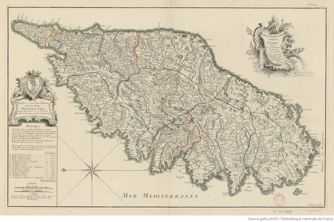 Carte de la Corse transmise par Matteo Buttafoco à Jean-Jacques Rousseau dans le cadre de ses travaux préparatoires sur l’île. Bernard-Antoine Jaillot, Carte particulière de l'isle de Corse divisée par ses dix provinces ou juridictions et ses quatre fiefs, Paris, chez le Sr Jaillot, 1738, Gallica, Bibliothèque Nationale de France.