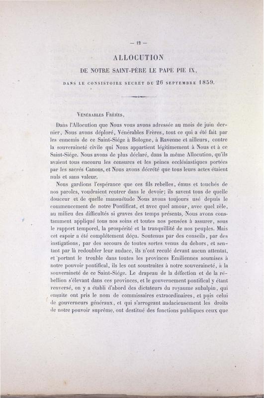 >Allocution de notre Saint-Père le Pape Pie IX, dans le consistoire secret du 26 septembre 1859