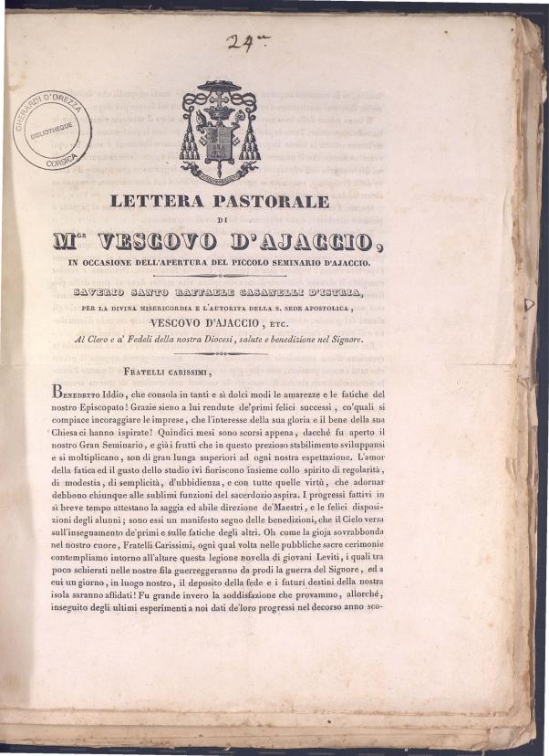 Lettera pastorale di Mgr Vescovo d'Ajaccio, in occasione dell'apertura del piccolo seminario d'Ajaccio (1836)