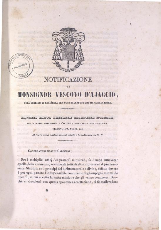 Notificazione di monsignor vescovo d'Ajaccio, sull'obbligo di residenza per ogni sacerdote che ha cura d'anime (1843)