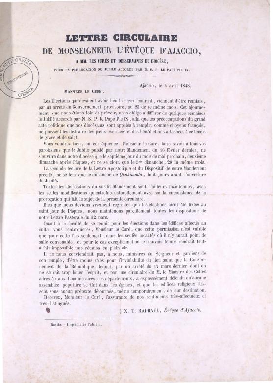 Lettre circulaire de Monseigneur l'évêque d'Ajaccio, à MM. Les curés et desservants du diocèse, pour la propagation du jubilé accordé par N. S. P. le Pape Pie IX (1848)