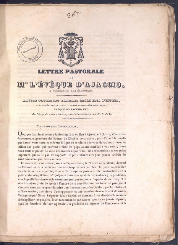 >Lettre pastorale de Mgr l'évêque d'Ajaccio à l'occasion des élections (1836)