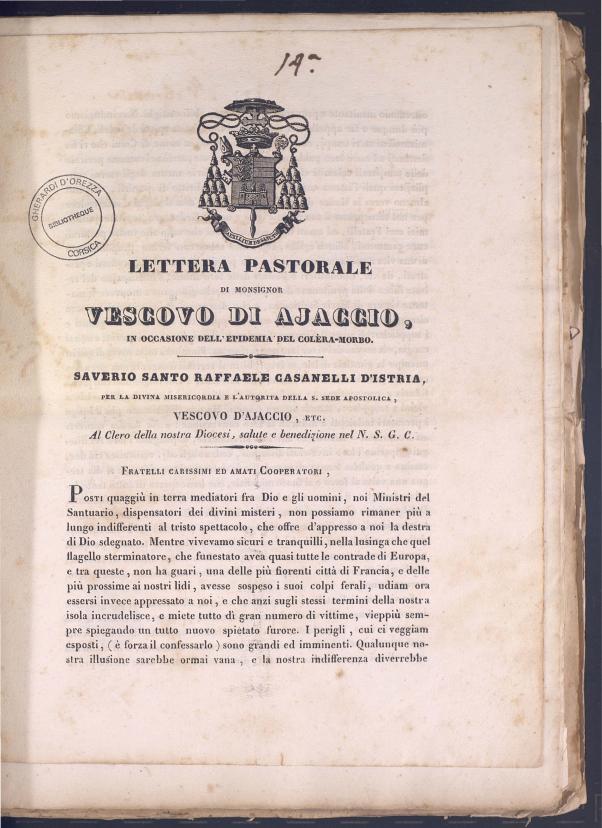>Lettera pastorale di Monsignor Vescovo di Ajaccio, in occasione dell'epidemia del colèra-morbo (1835)