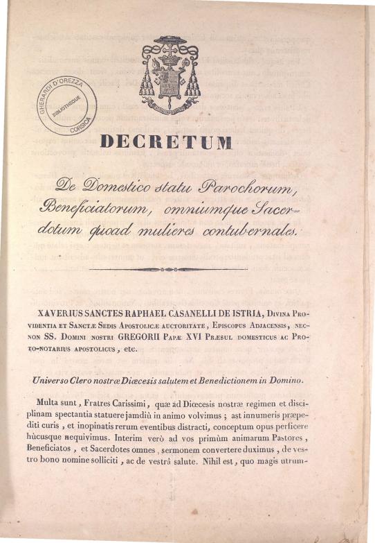 >Decretum. De Domestico statu Parochorum, Beneficiatorum, omniumque Sacerdotum quoad mumlieres contubernales (1839)
