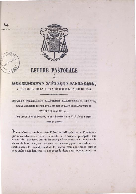 >Lettre pastorale de Monseigneur l'évêque d'Ajaccio, à l'occasion de la retraite ecclésiastique de 1844