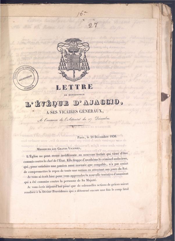 Lettre de Monseigneur l'évêque d'Ajaccio, à ses vicaires généraux, à l'occasion de l'attentat du 27 décembre (1836)