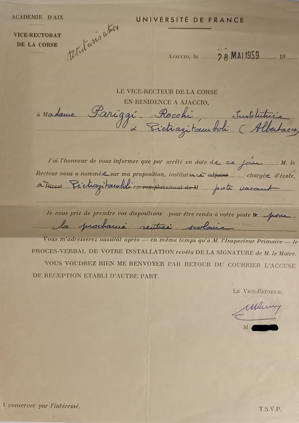>Nomination poste de Andrée Parigi (1959)