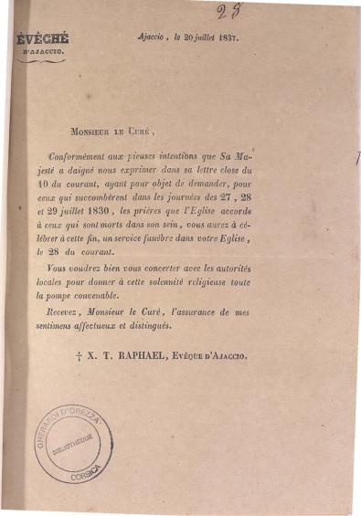 >Evéché d'Ajaccio (20 juillet 1837)