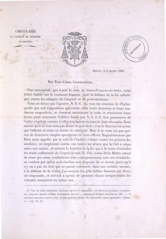 >Circulaire au clergé du diocèse d'Ajaccio (1858)