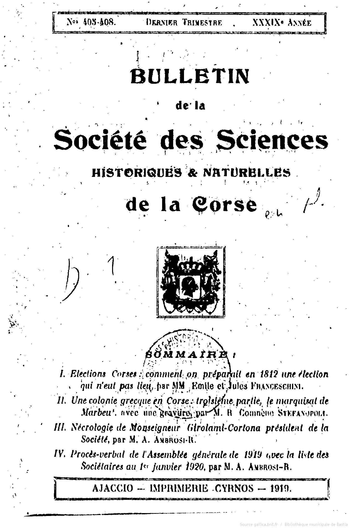 >Bulletin de la Société des Sciences Historiques et Naturelles de la Corse n° 405-408