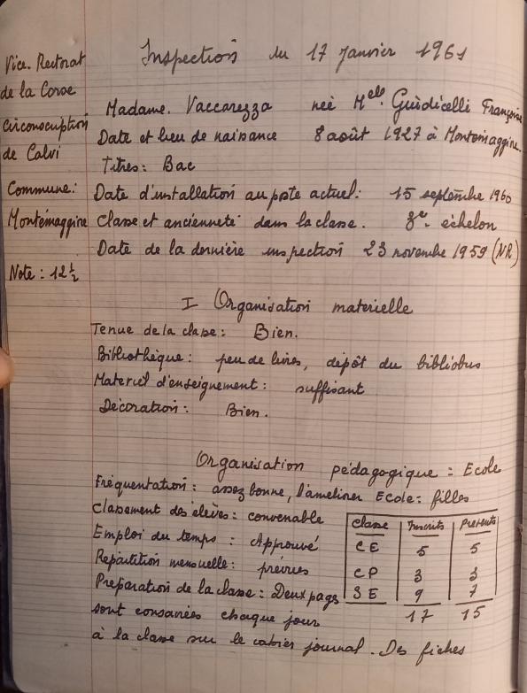 >Rapport d'inspection de  Françoise Vaccarezza (1961)