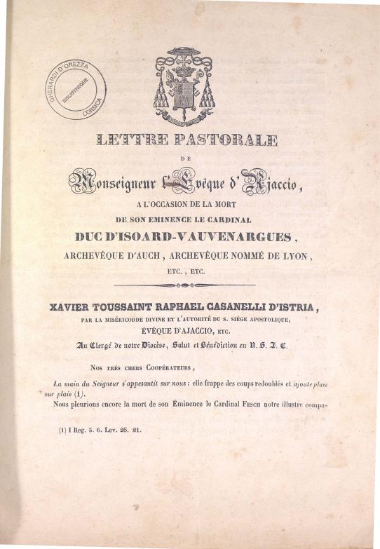 Lettre pastorale de Monseigneur l'évêque d'Ajaccio, à l'occasion de la mort de son éminence le Cardinal Duc d'Isoard Vauvenargues, Archevêque d'Auch, Archevêque nommé de Lyon, etc, etc. (1839)