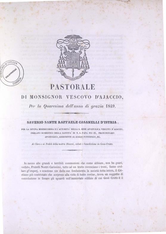 Pastorale di Monsignor Vescovo d'Ajaccio per la Quaresima dell'anno di grazia 1849