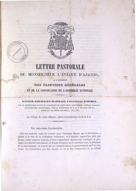 Lettre pastorale de Monseigneur l'évêque d'Ajaccio, à l'occasion des élections générales et de la convocation de l'assemblée nationale (1848)