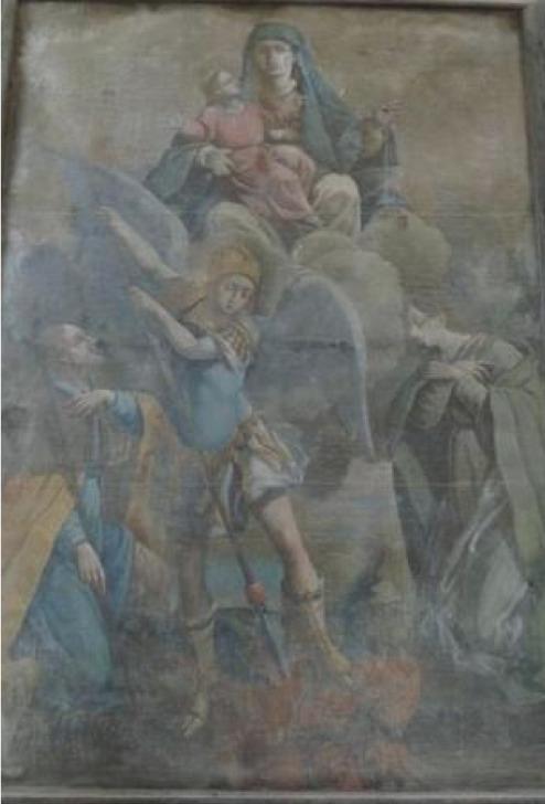 >Remise du Scapulaire à sainte Lucie et à saint Roch par Notre-Dame du Mont Carmel et par l'Enfant Jésus en présence de saint Michel