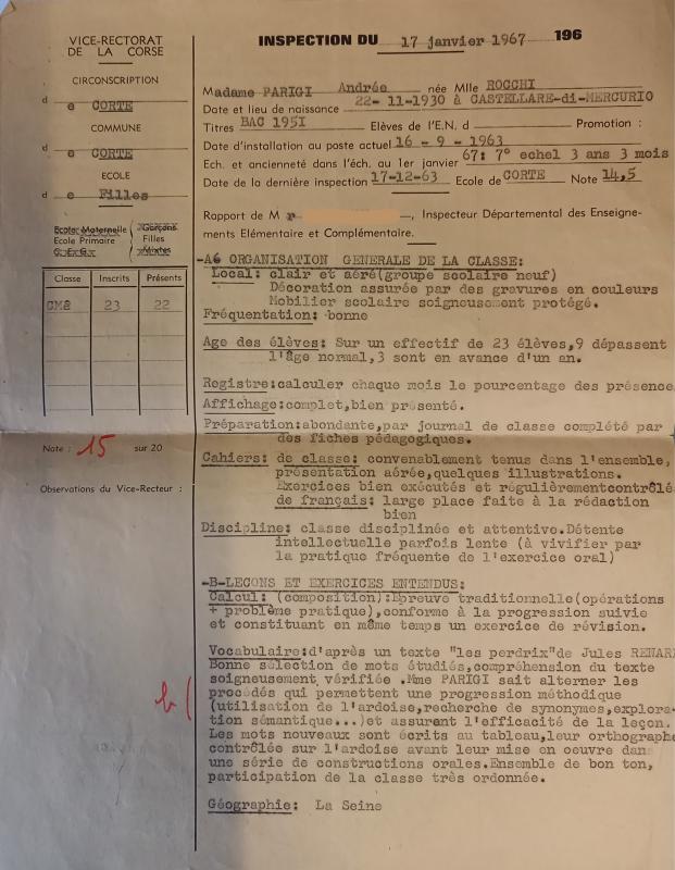 Rapport d'inspection de André Parigi (17 janvier 1967)