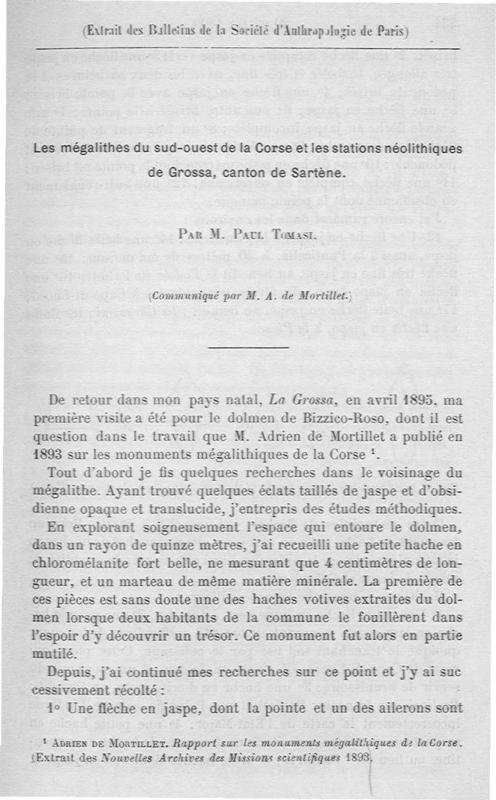 >Les Mégalithes du sud-ouest de la Corse et les stations néolithiques de Grossa, canton de Sartène