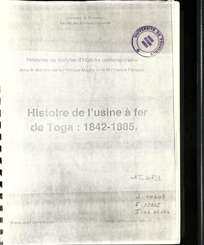 >Histoire de l'usine à fer de Toga : 1842-1885