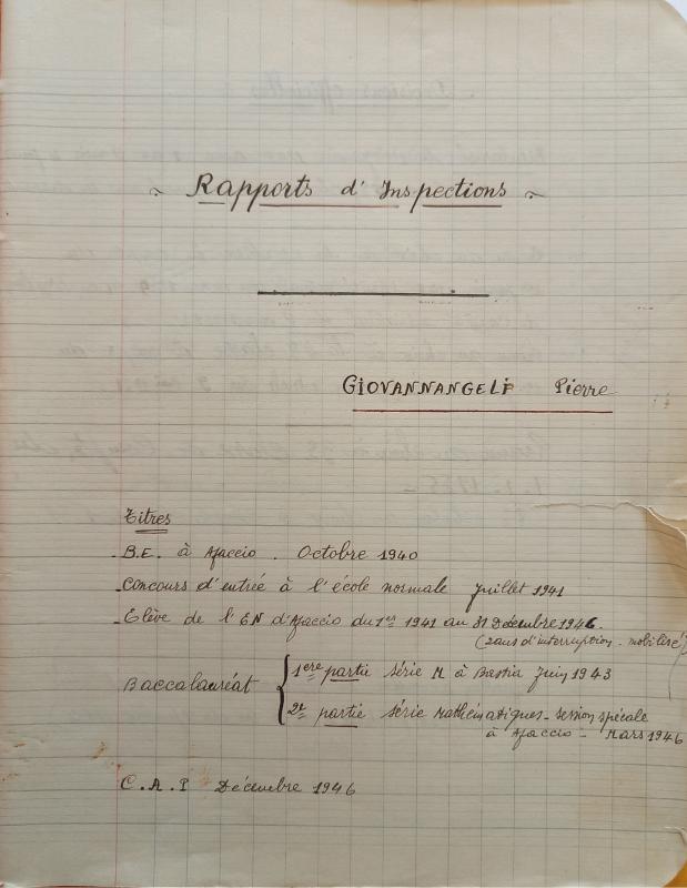 Rapports d'inspection de Pierre Giovannangeli (1949-1951)