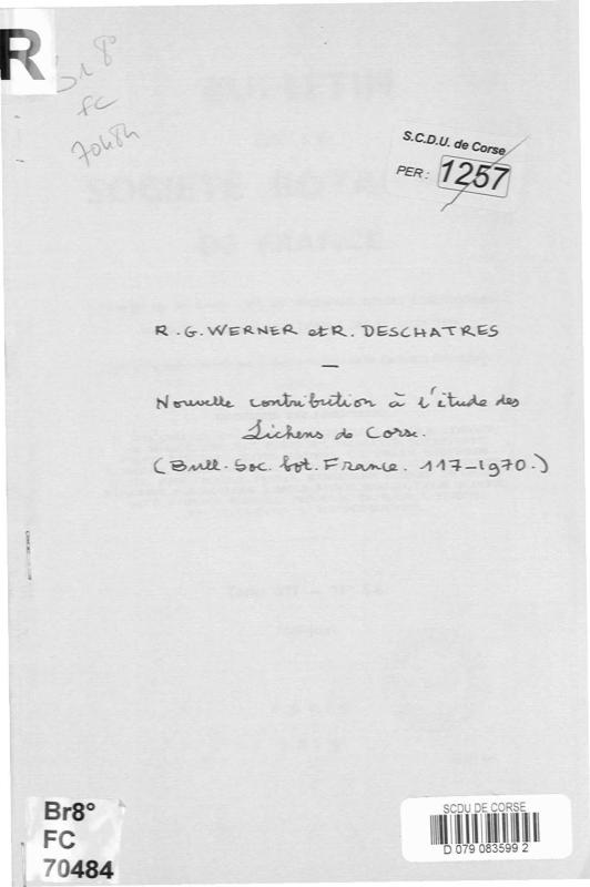 >Nouvelle contribution à l’étude des lichens de Corse. Bull. Soc. Bot. France, 117 (1970)