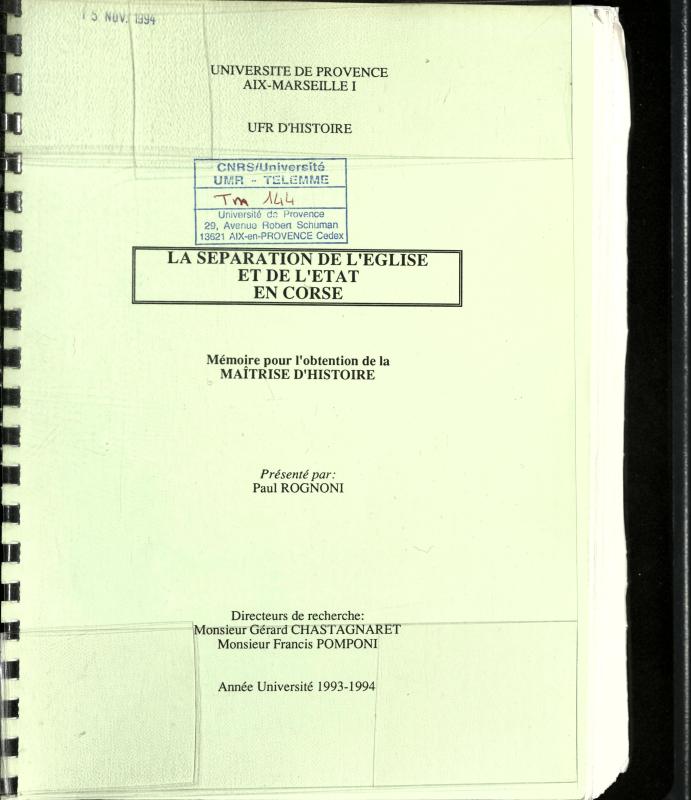 >La séparation de l'église et de l'état en Corse