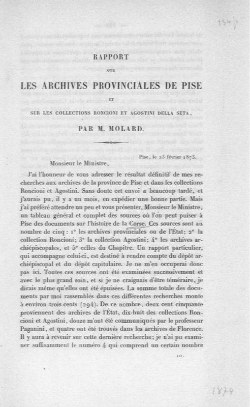 >Rapport sur les archives provinciales de Pise