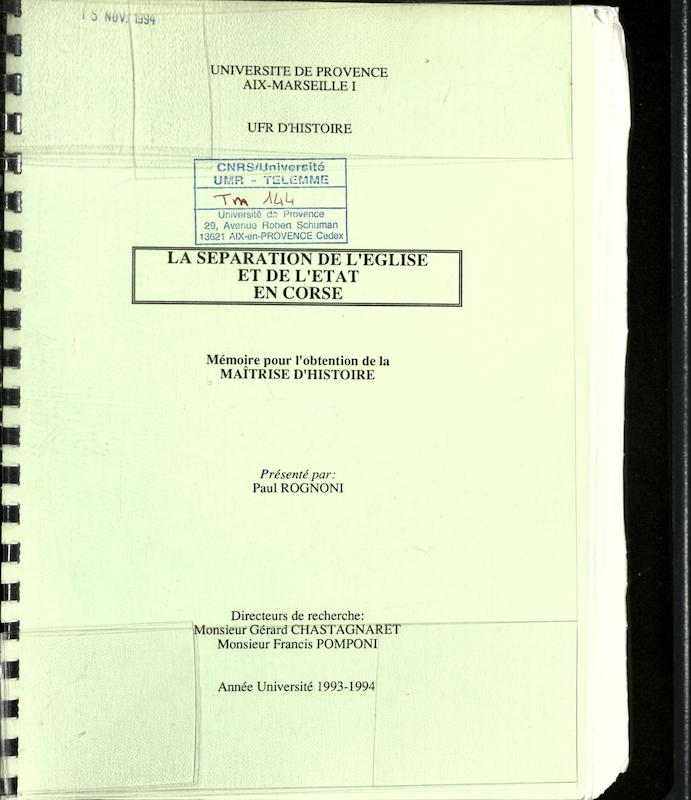 >La séparation de l'église et de l'état en Corse