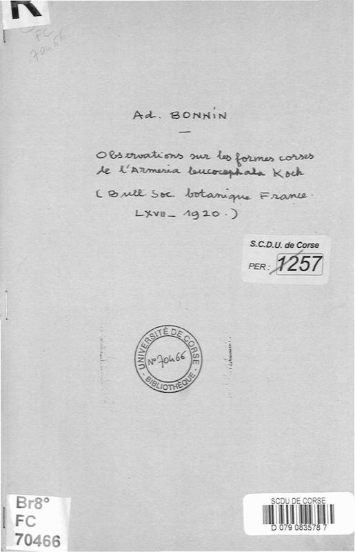 >Observations sur les formes corses de l’Armeria bucocephala Koch. Bull. Soc. Bot. France, LXVII (1920)