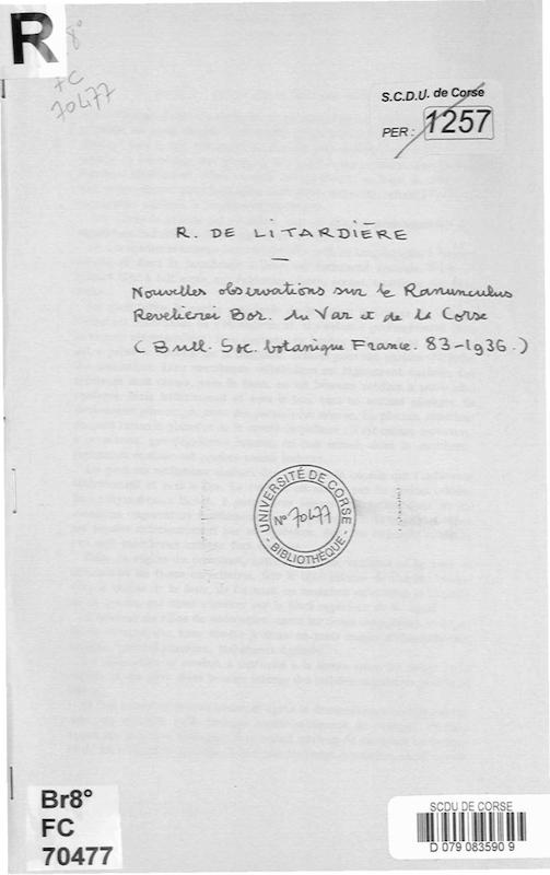 Nouvelles observations sur le Ranunculus reverlieri Bor. du Var et de la Corse. Bull. Soc. Bot. France, 83 (1936)