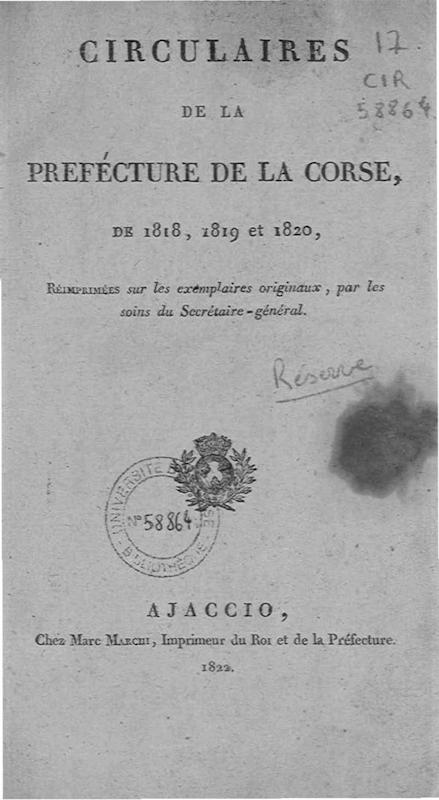 >Circulaires de la préfecture de la Corse de 1818, 1819 et 1820