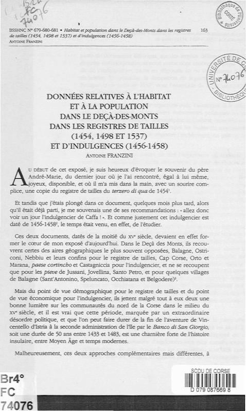 >Données relatives à l'habitat et à la population dans le Deçà-des-Monts dans les registres de tailles (1454, 1498 et 1537) et d'indulgences 1456-1458)