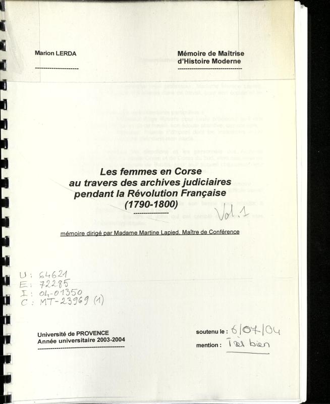 >Les femmes en Corse au travers des archives judiciaires pendant la Révolution Française (1790-1800)
