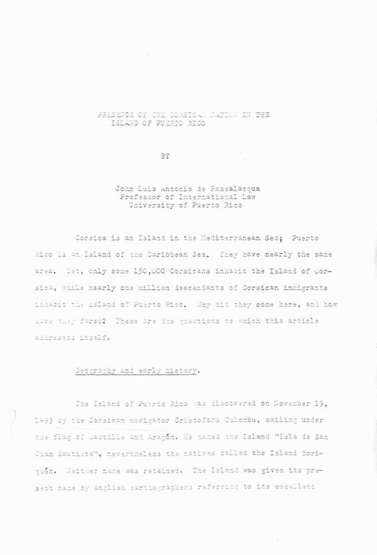 >Presence of the Corsican Nation in the island of Puerto Rico