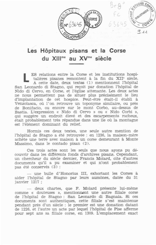 >Les Hôpitaux pisans et la Corse du XIIIe au XVIIIe siècle