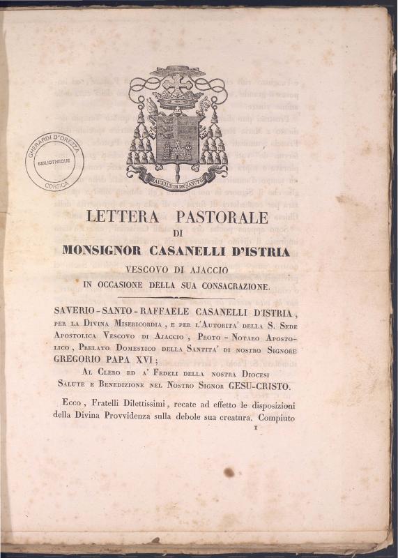 Lettera pastorale di Monsignor Casanelli d'Istria, vescovo di Ajaccio, in occasione della sua consacrazione (1833)