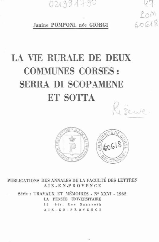 >La vie rurale de deux communes corses : Serra di Scopamène et Sotta