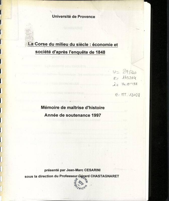>La Corse du milieu du siècle : économie et société d'après l'enquête de 1848