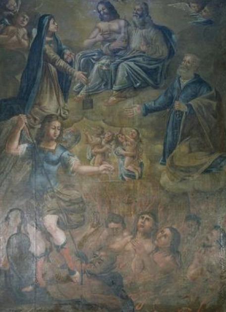 >La Vierge intercédant pour les âmes du purgatoire avec la Trinité, saint Michel et saint Pierre