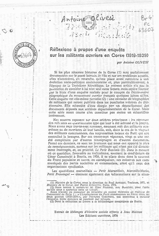 Réflexions à propos d'une enquête sur les militants ouvriers de Corse (1919-1939)