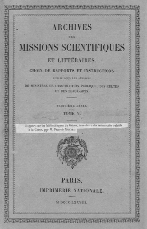 >Rapport sur les bibliothèques de Gênes, inventaire des manuscrits relatifs à la Corse